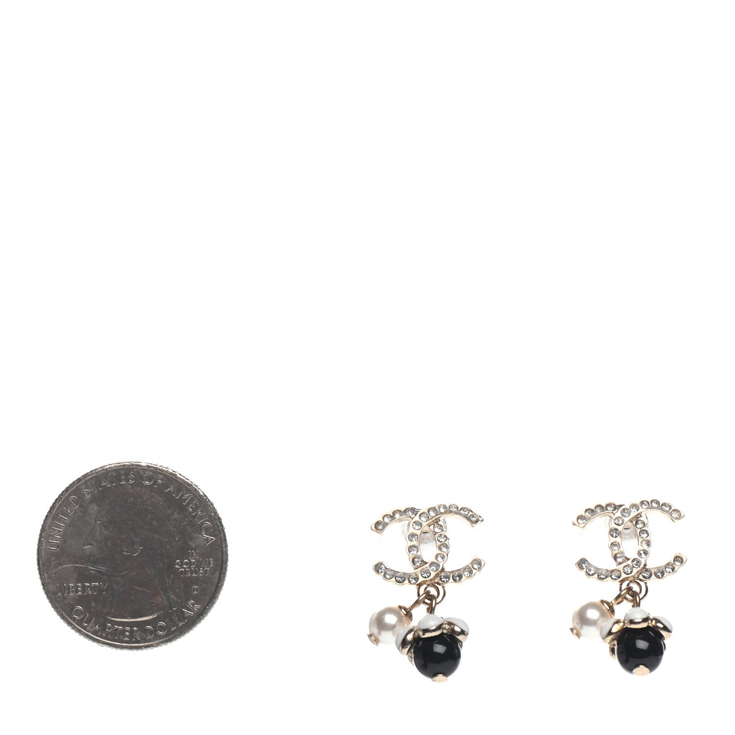 Chanel Crystal Bead Pearl CC Drop Earrings Gold White Black 2 of 4