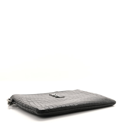 Saint Laurent Calfskin Crocodile Embossed Monogram Zip Pouch Black 6 of 14