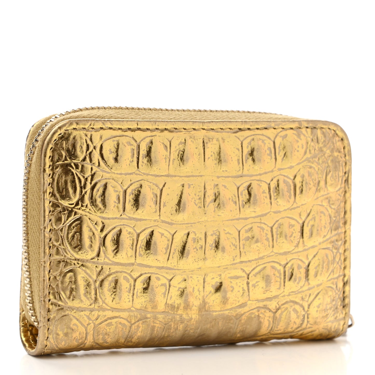 Metallic Calfskin Crocodile Embossed Cocodile Zip Coin Case Gold