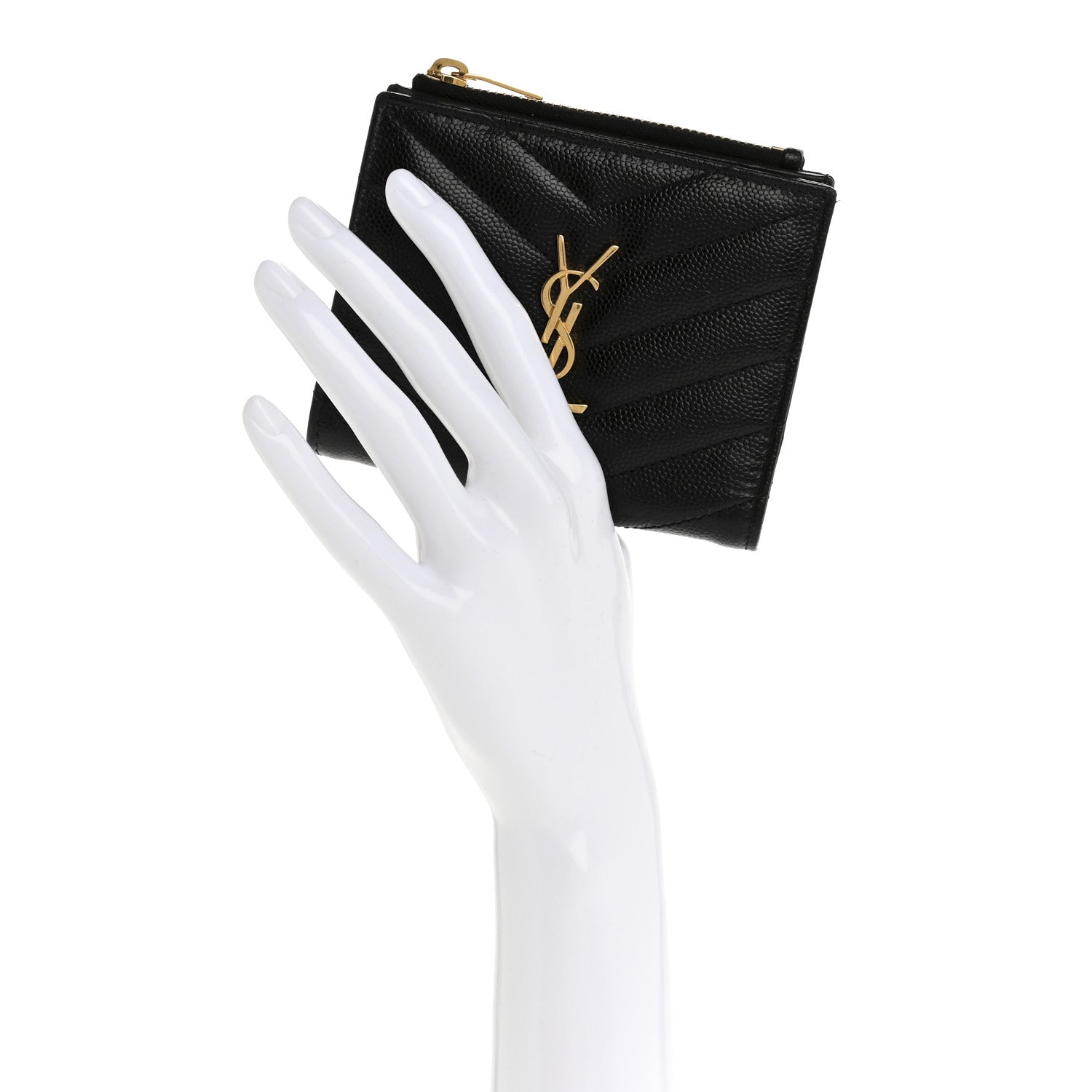Saint Laurent Grain De Poudre Matelasse Chevron Monogram Zipped Card Case Black 2 of 12