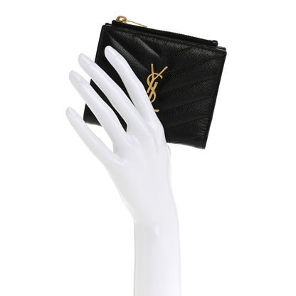 Saint Laurent Grain De Poudre Matelasse Chevron Monogram Zipped Card Case Black 2 of 12