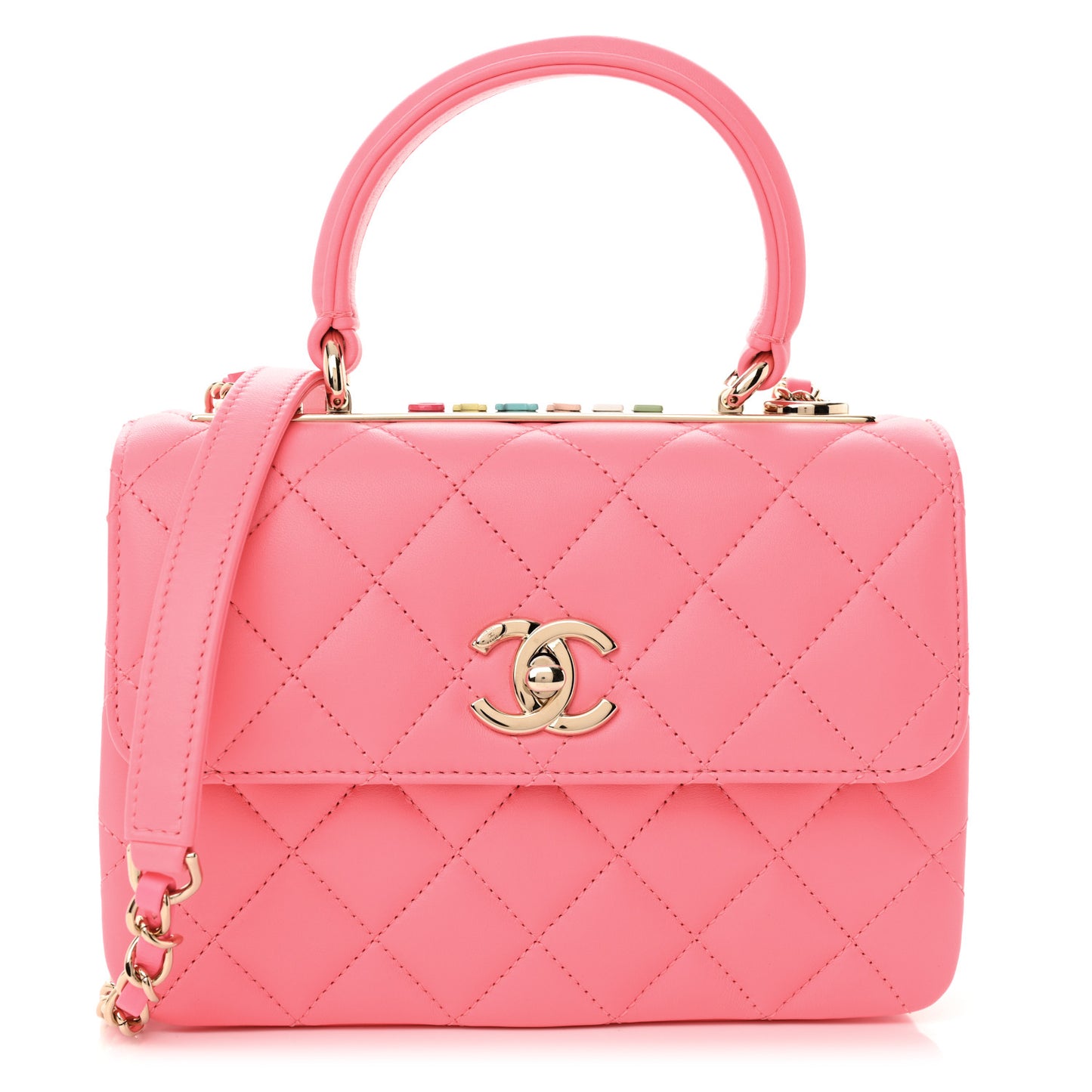 Lambskin Lacquered Quilted Mini Trendy CC Dual Handle Flap Bag Coral Pink