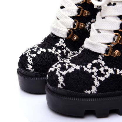 Gucci Tweed GG Monogram Lace Up Combat Ankle Boots 35 Black 5 of 15