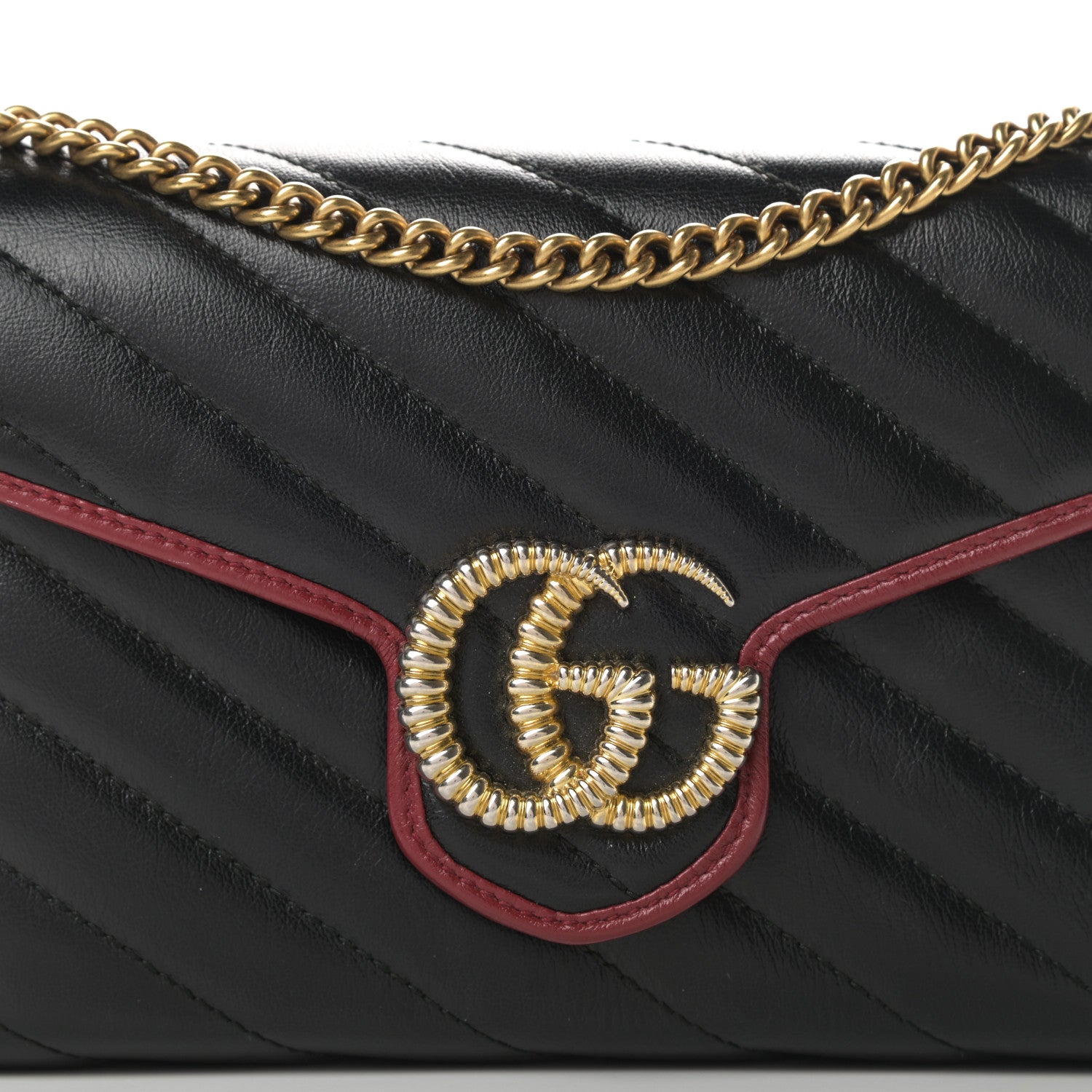 Gucci Vintage Effect Calfskin Matelasse Diagonal Torchon GG Marmont Chain Wallet Black Romantic Cherry 8 of 10