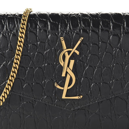 Saint Laurent Calfskin Crocodile Embossed Monogram Uptown Chain Wallet Black 9 of 10