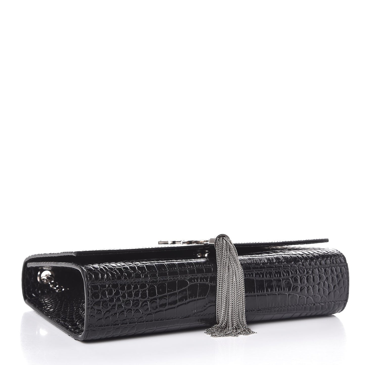 Calfskin Crocodile Embossed Medium Classic Monogram Kate Tassel Satchel Black