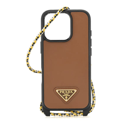 Prada Vitello Metal Triangle Logo iPhone 16 Pro Case With Strap Cognac 1 of 14