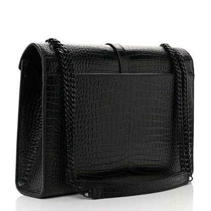 Saint Laurent Calfskin Crocodile Embossed Monogram Large Satchel Black 3 of 16