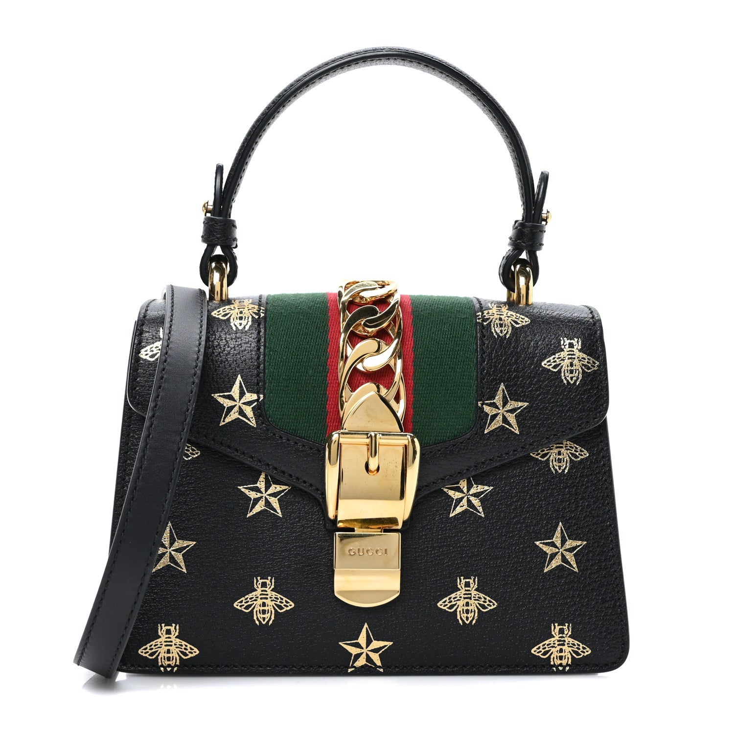 Gucci Textured Calfskin Bee Star Print Mini Sylvie Top Handle Bag Black 1 of 11