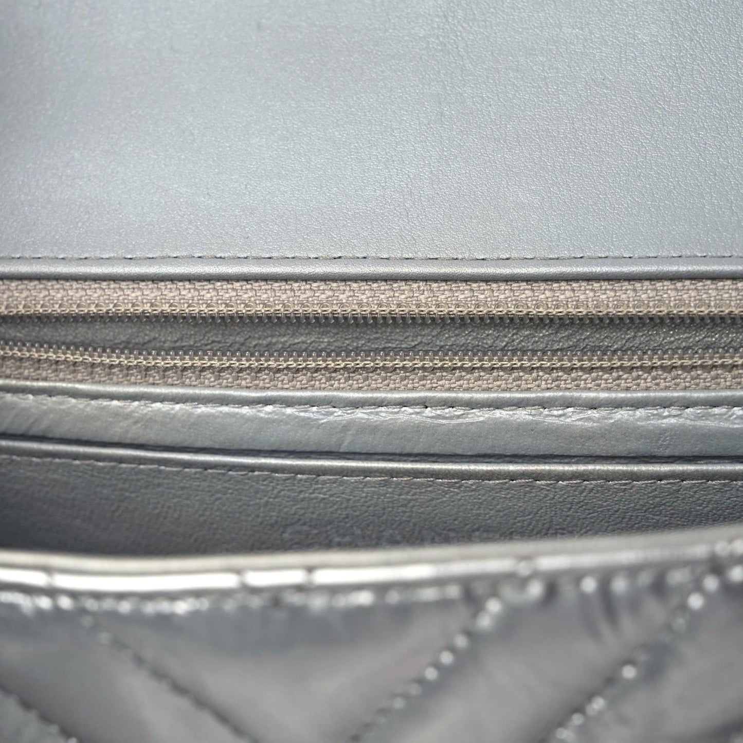 Patent Metallic Crumpled Calfskin Chevron Quilted Mini Rectangular Flap Silver