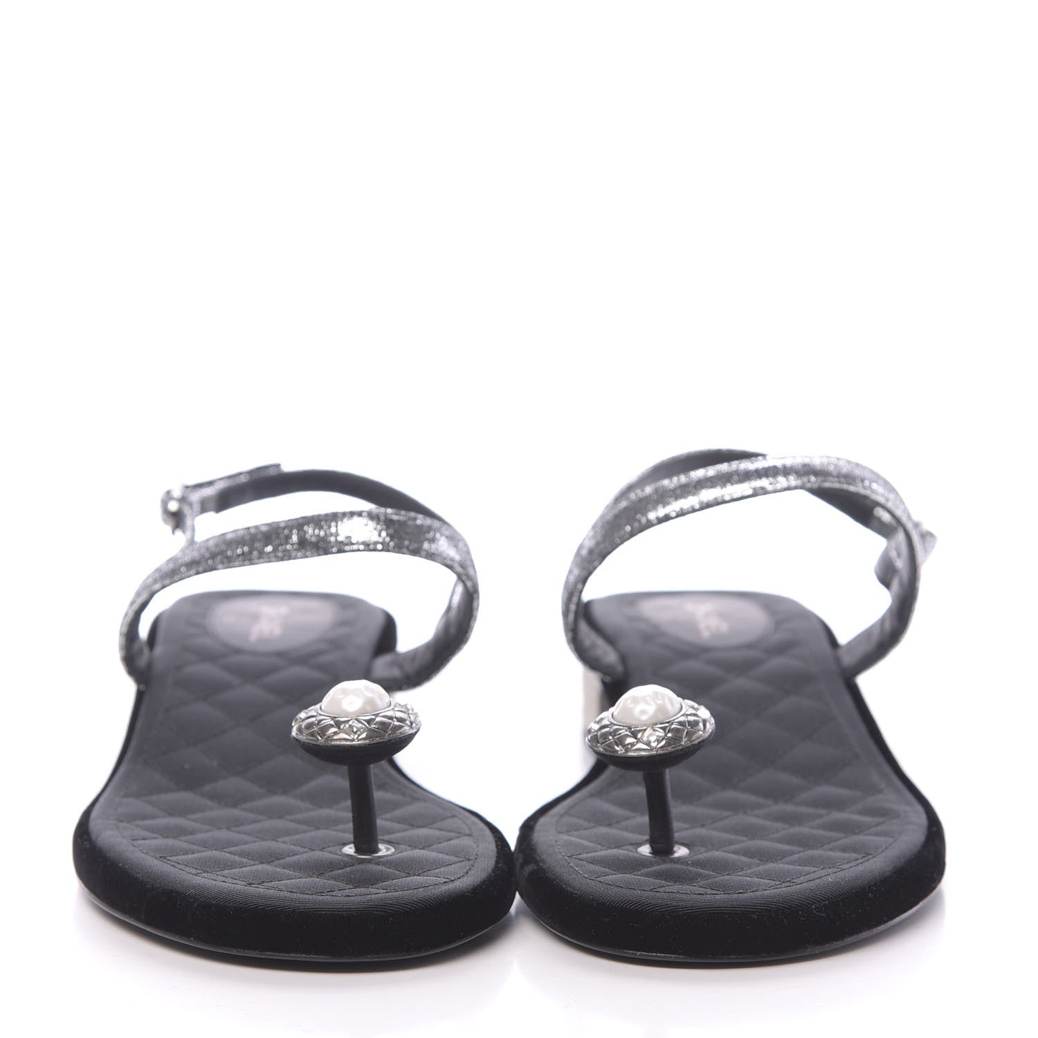 Chanel Metallized Goatskin Pearl CC Thong Sandals 40 Silver 2 of 7