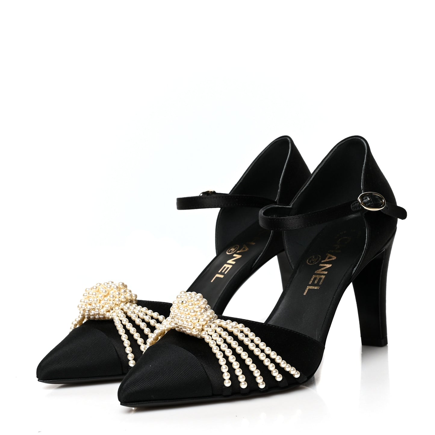 Suede Pearl Grosgrain Ankle Strap Pumps 36.5 Black