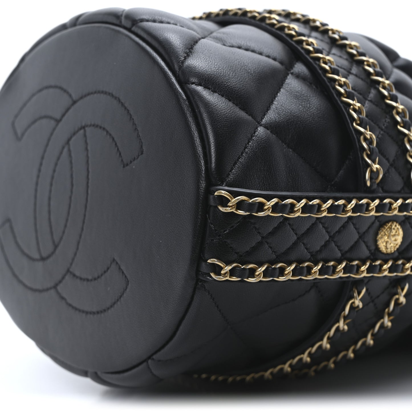 Lambskin Quilted Chain Bucket Drawstring Bag Black