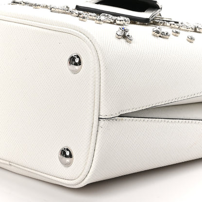 Prada Saffiano Cuir Crystal Small Panier Bucket Bag White Black 9 of 9