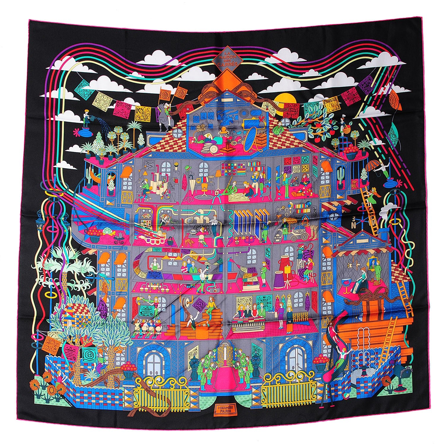 Hermes Silk La Maizeon Des Carres Scarf 90 Noir Gris Multicolor 2 of 6