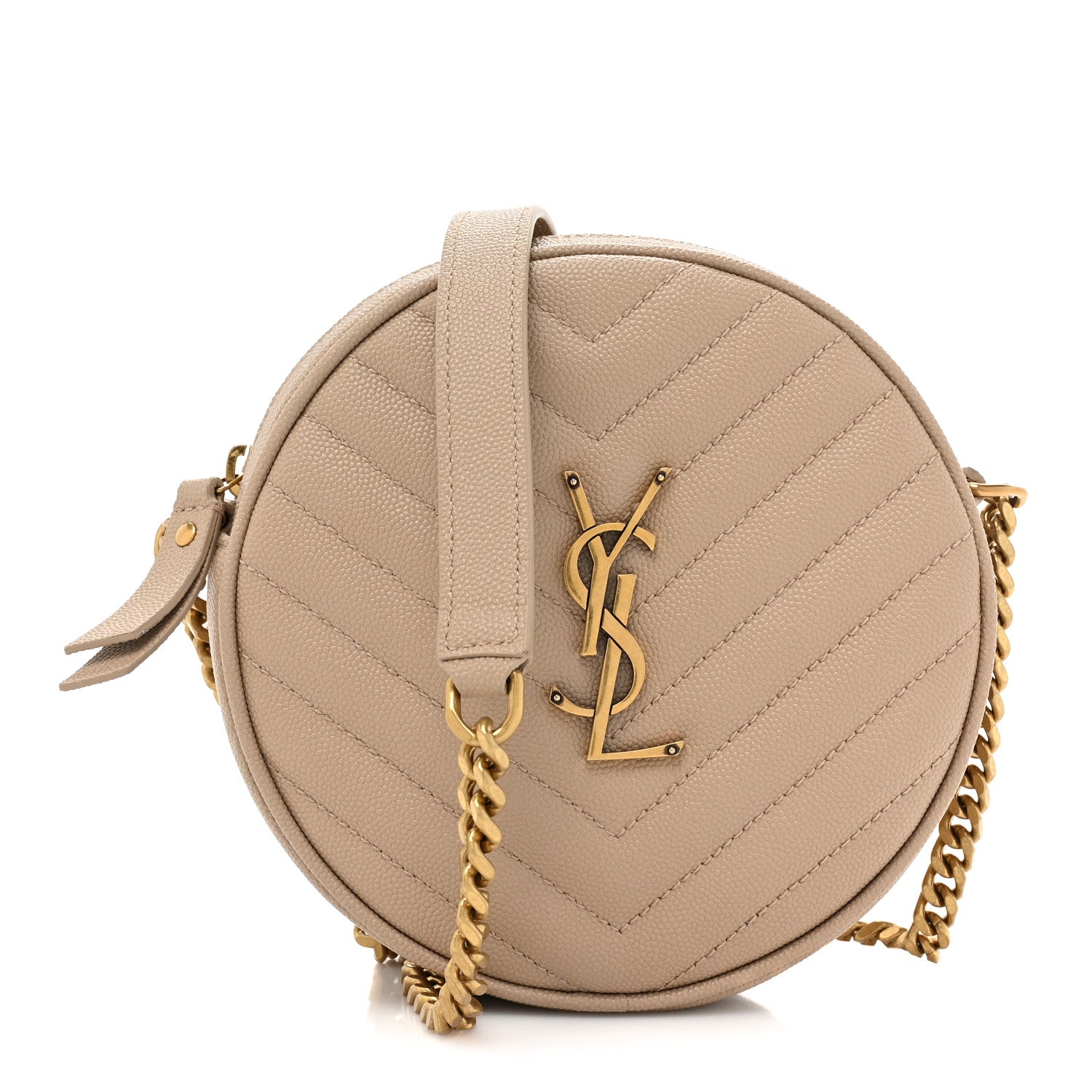 Saint Laurent Grain De Poudre Matelasse Chevron Quilted Round Vinyle Camera Bag Dark Beige 1 of 9