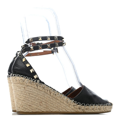 Valentino Garavani Grained Calfskin Rockstud Ankle Wrap Espadrille 15/85mm Wedges 39 Black Light Cuir 3 of 6