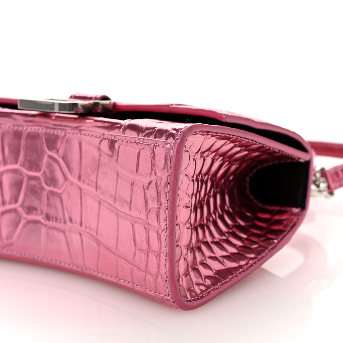 Metallic Shiny Calfskin Crocodile Embossed Hourglass Top Handle Bag XS Pink
