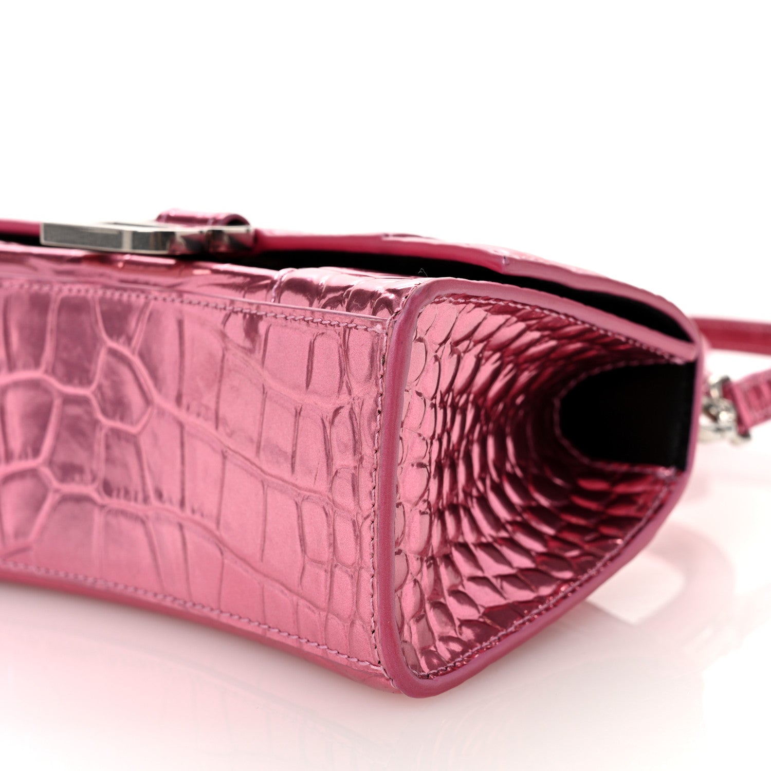 Balenciaga Metallic Shiny Calfskin Crocodile Embossed Hourglass Top Handle Bag XS Pink 10 of 10