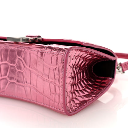 Balenciaga Metallic Shiny Calfskin Crocodile Embossed Hourglass Top Handle Bag XS Pink 10 of 10
