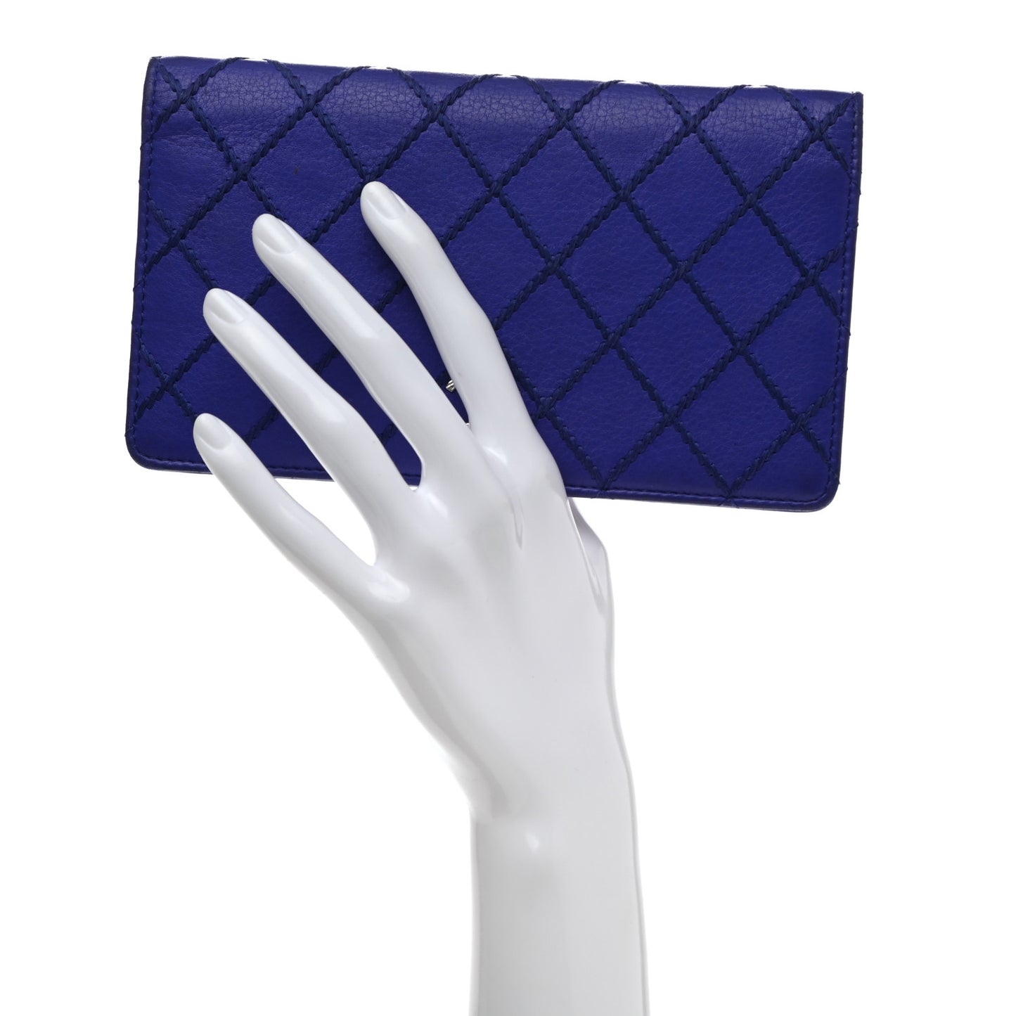 Calfskin Diamond Stitched Yen Wallet Blue