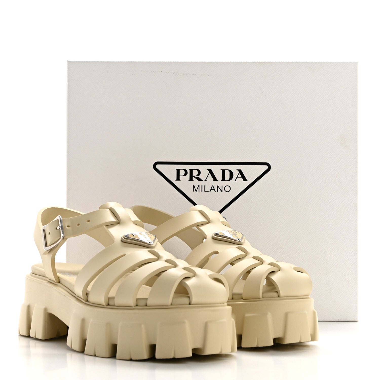Prada Foam Rubber Metal Triangle Logo Monolith 55mm Cage Sandals 41 Quarzo 9 of 9
