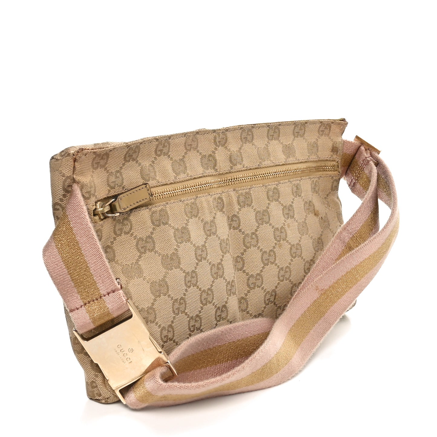 GG Monogram Web Double Pocket Belt Bag Gold Pink