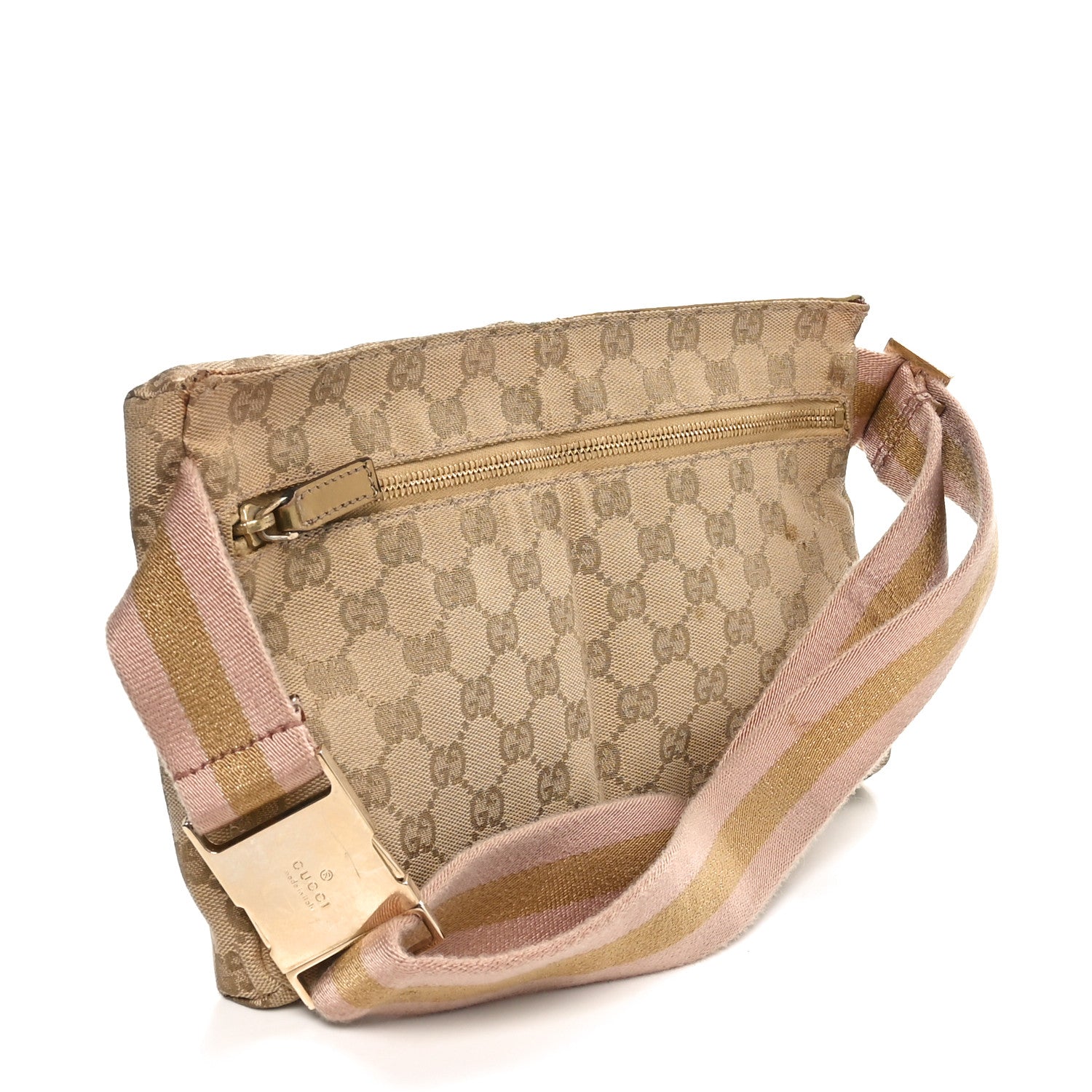 Gucci GG Monogram Web Double Pocket Belt Bag Gold Pink 3 of 14