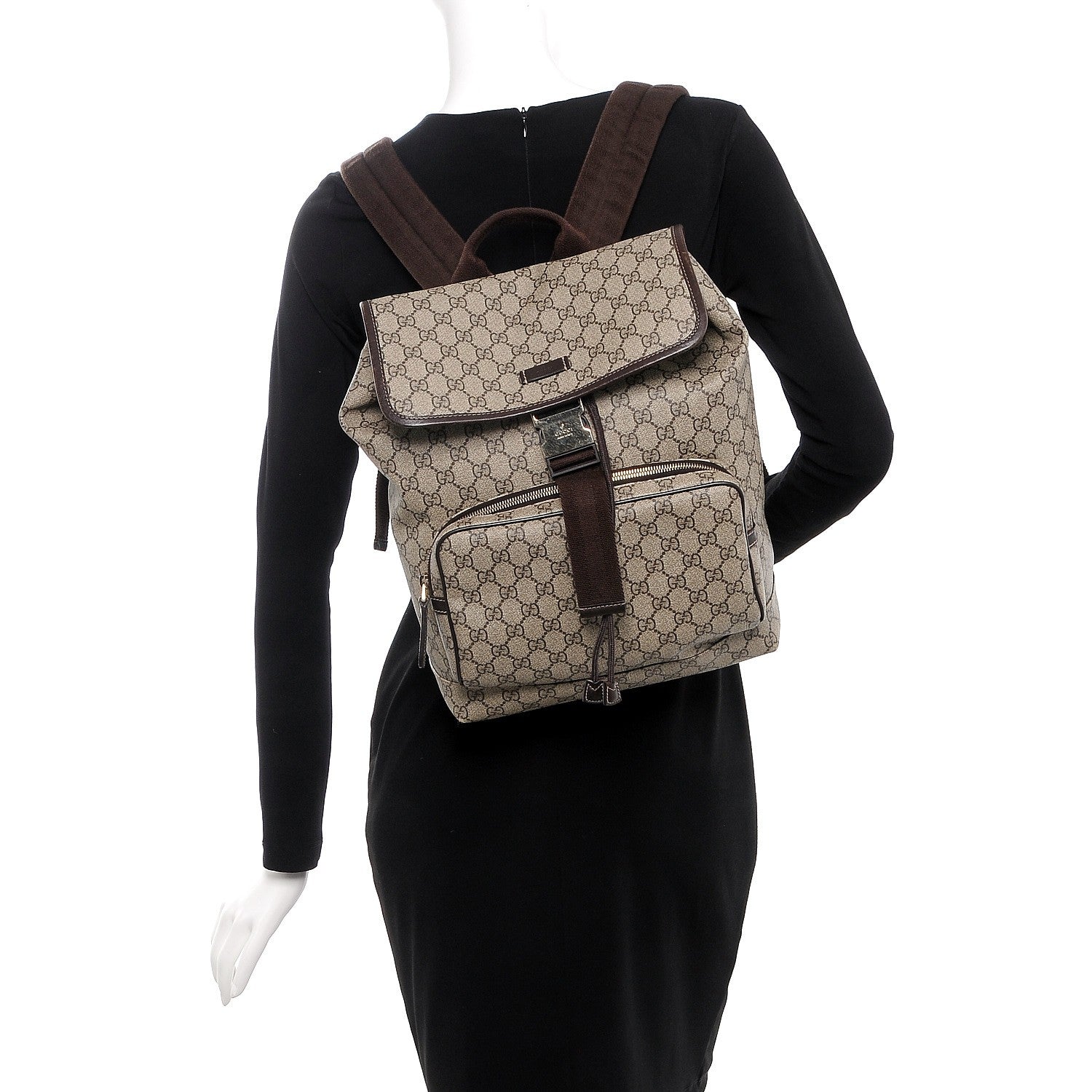 Gucci GG Supreme Monogram Medium Single Buckle Rucksack Backpack Beige Ebony Brown 2 of 8