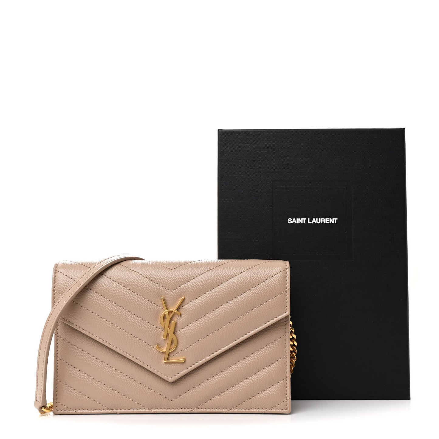Grain De Poudre Matelasse Chevron Monogram Envelope Chain Wallet Dark Beige