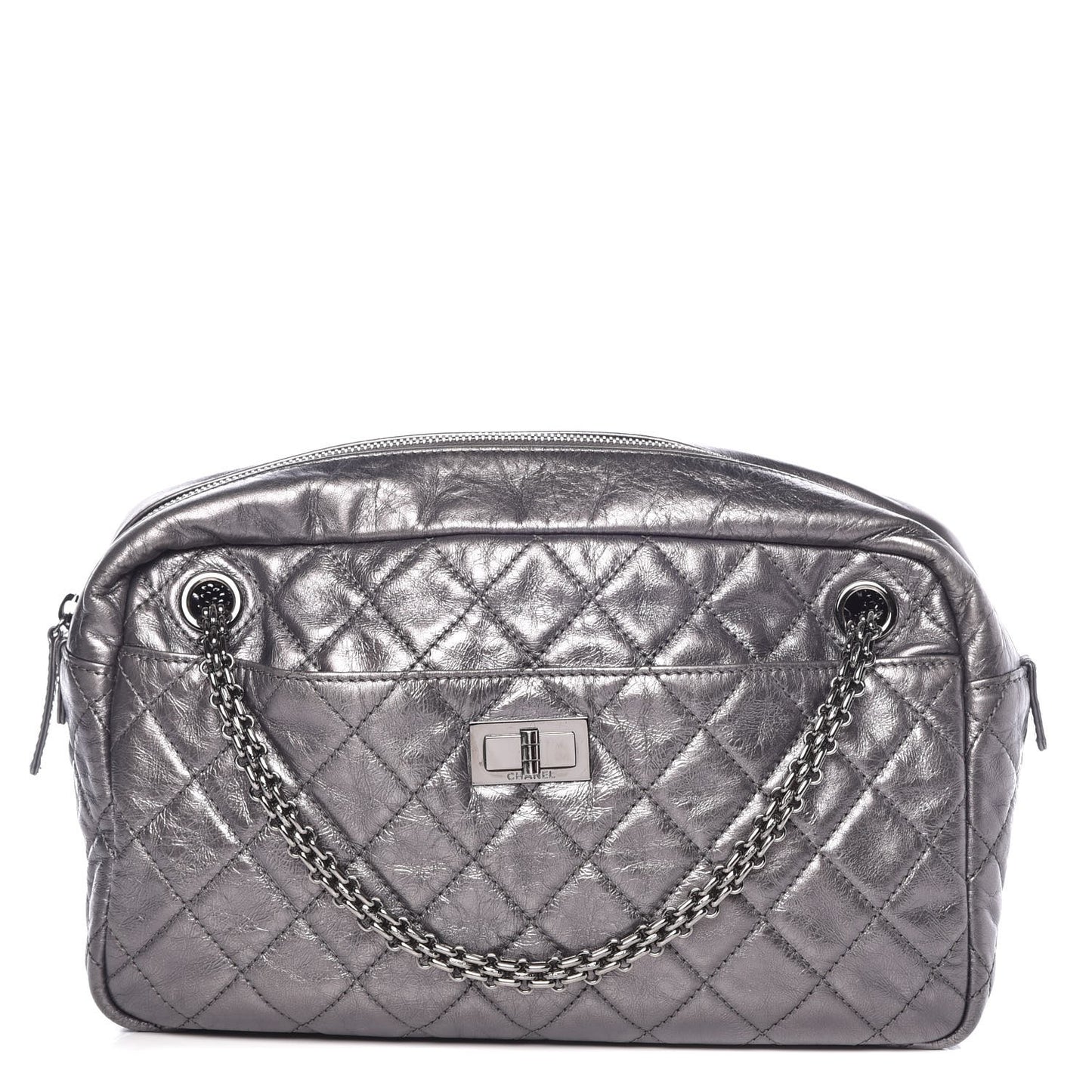 Metallic Aged Calfskin Quilted Medium Reissue Camera Case Dark Silver