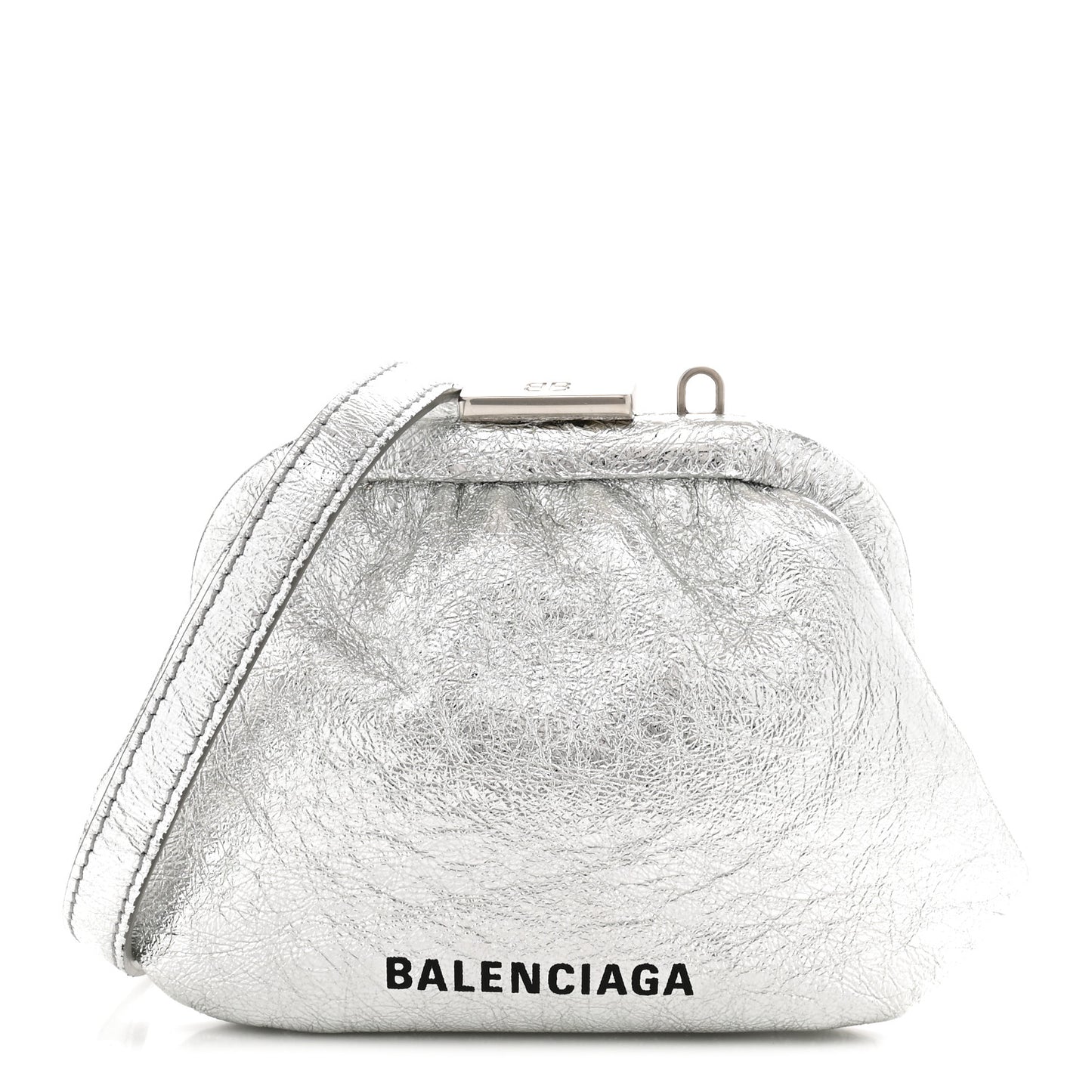 Metallic Textured Calfskin Logo Cloud Coin Purse With Strap Silver