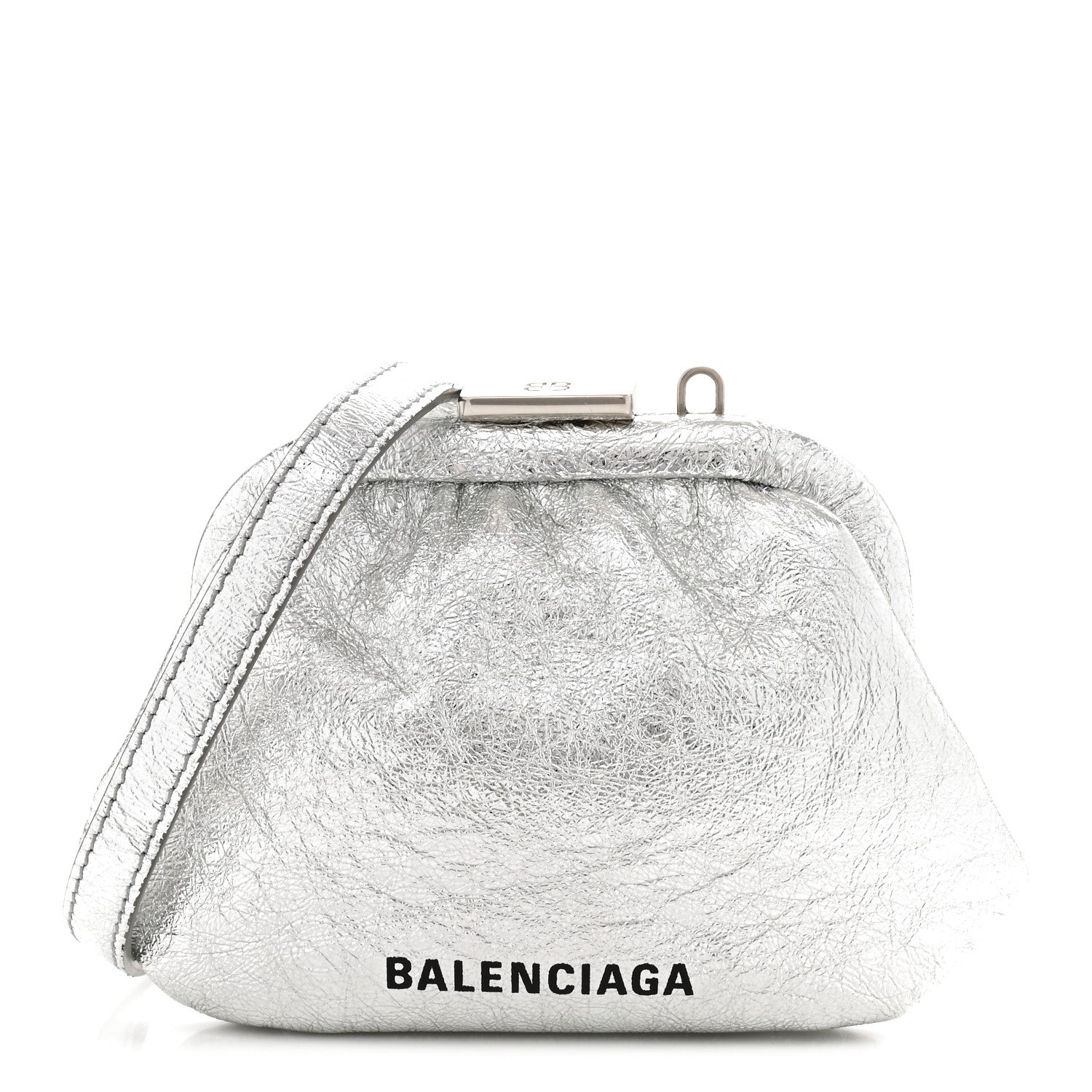 Balenciaga Metallic Textured Calfskin Logo Cloud Coin Purse With Strap Silver 1 of 11