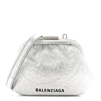 Balenciaga Metallic Textured Calfskin Logo Cloud Coin Purse With Strap Silver 1 of 11
