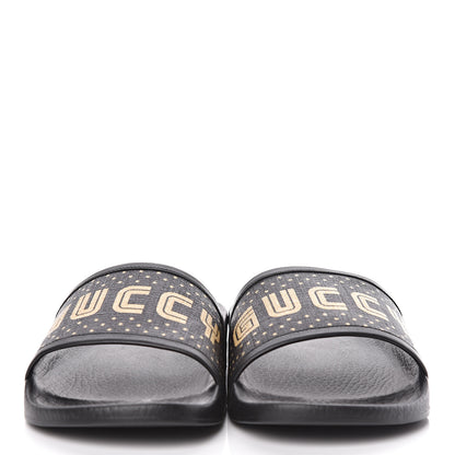 Gucci X SEGA Supreme Canvas GUCCY Stars Womens Slide Sandals 40 Black Gold 2 of 9