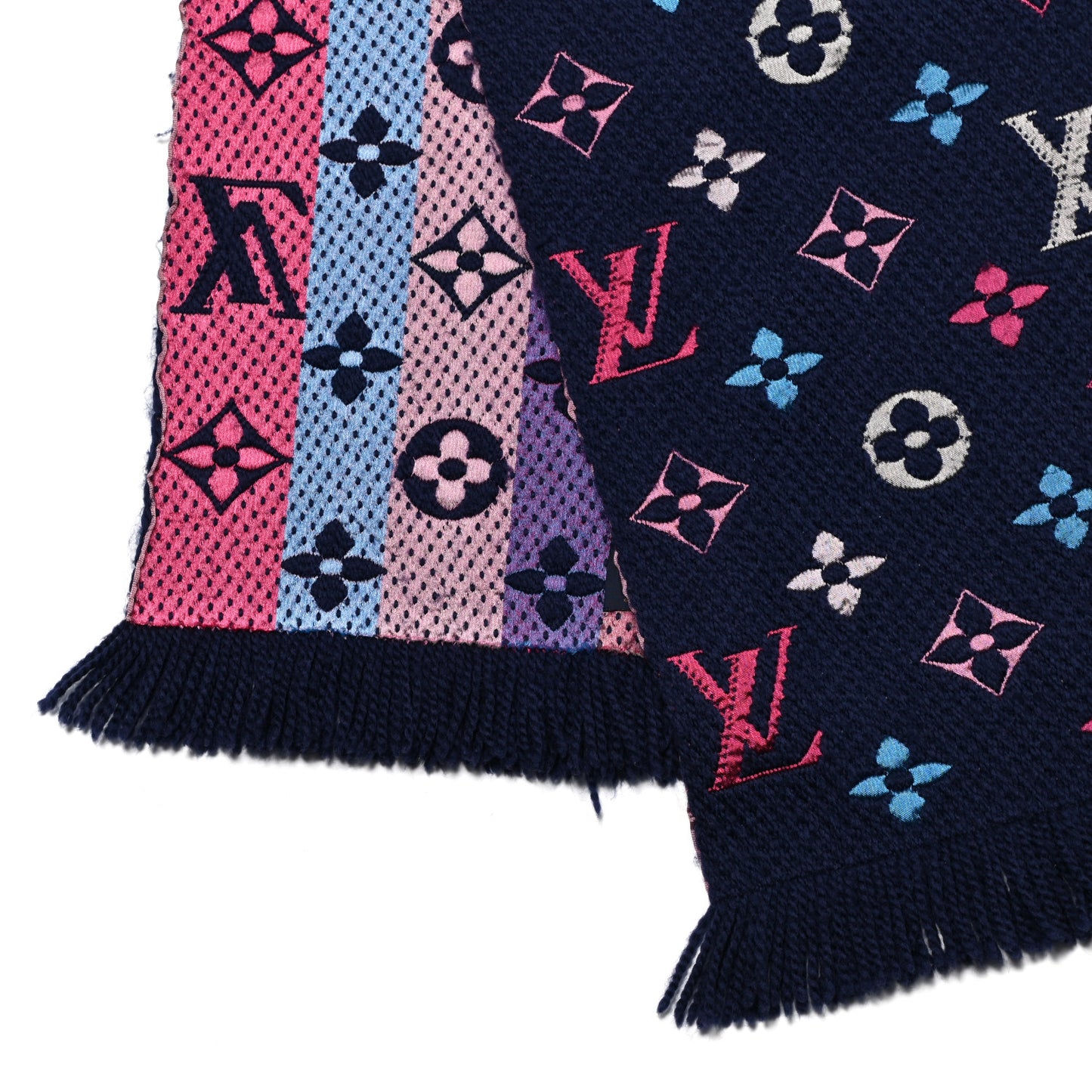 Wool Silk Rainbow Logomania Scarf Navy