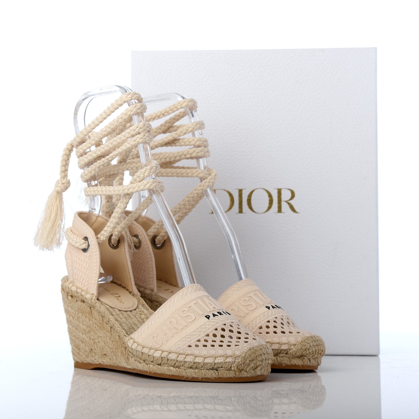 Canvas Embroidered Granville Ankle Tie Espadrille Wedges 36 Cream