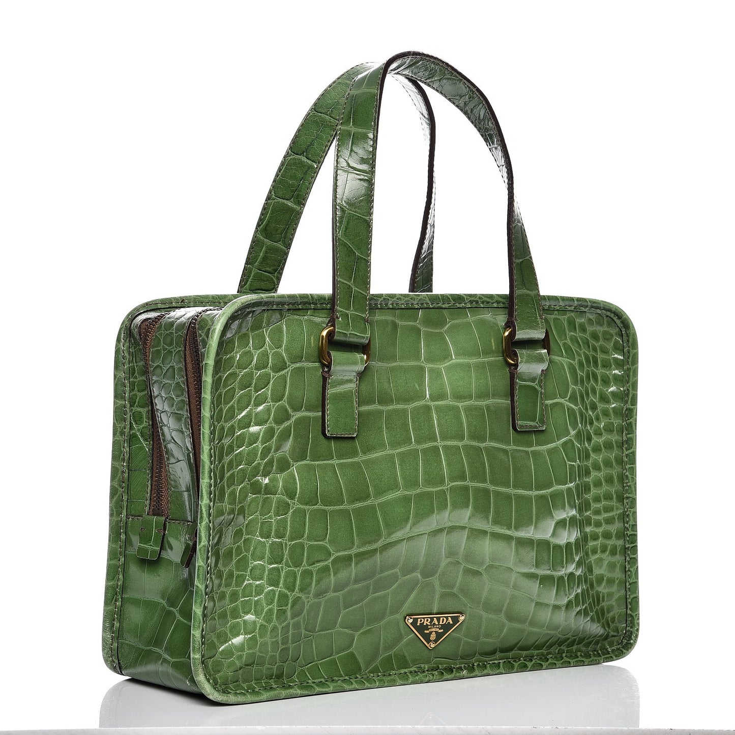 Shiny Calfskin Crocodile Embossed Double Zip Bauletto Larice