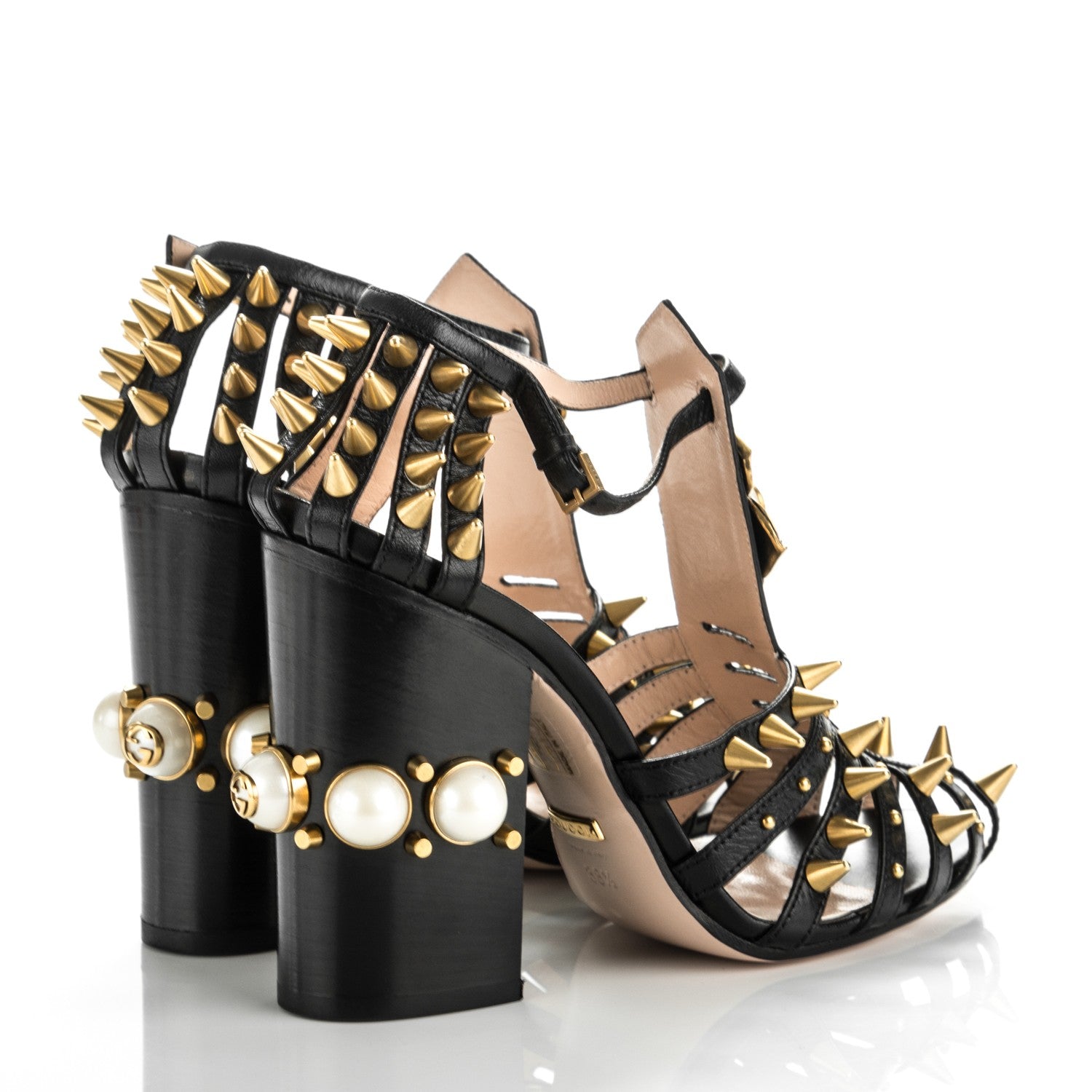 Gucci Kid Leather Studded Kendall Sandals 38.5 Black Gold 4 of 7