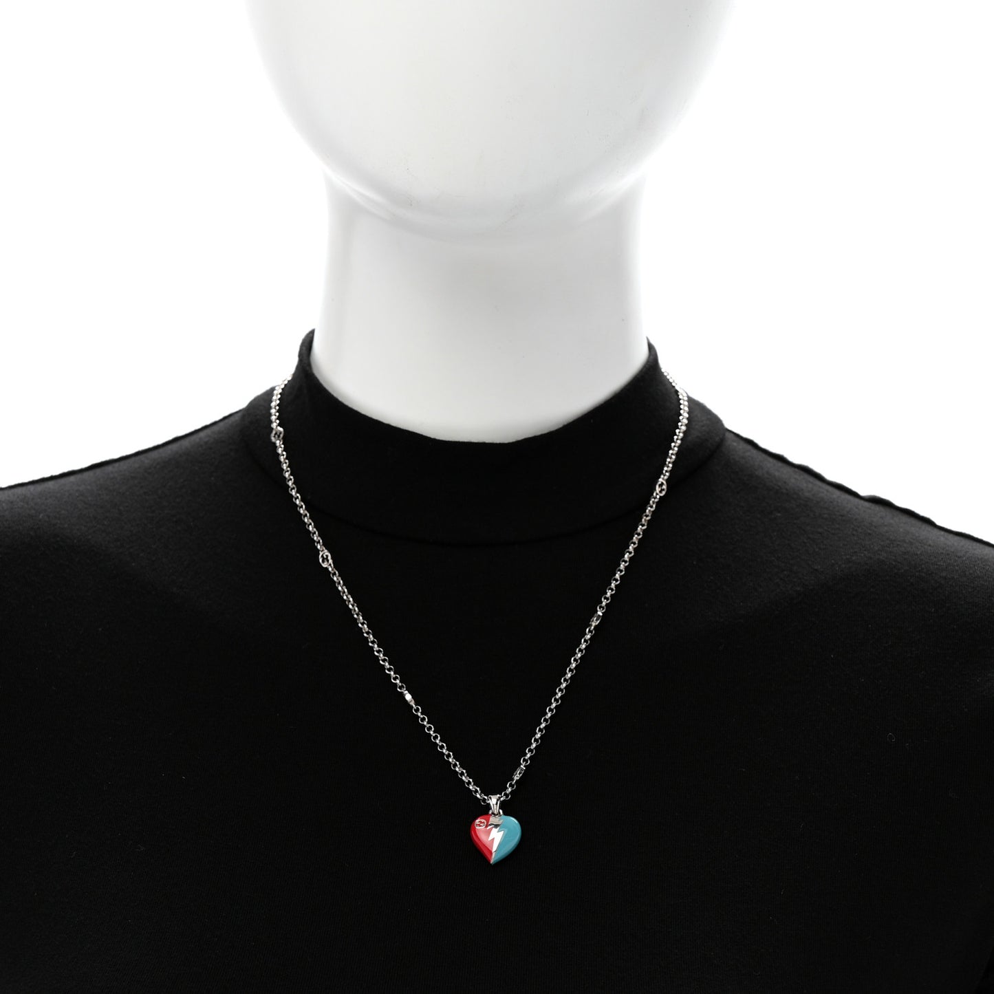 Metal Enamel Interlocking G Heart Lightning Charm Necklace Red Blue