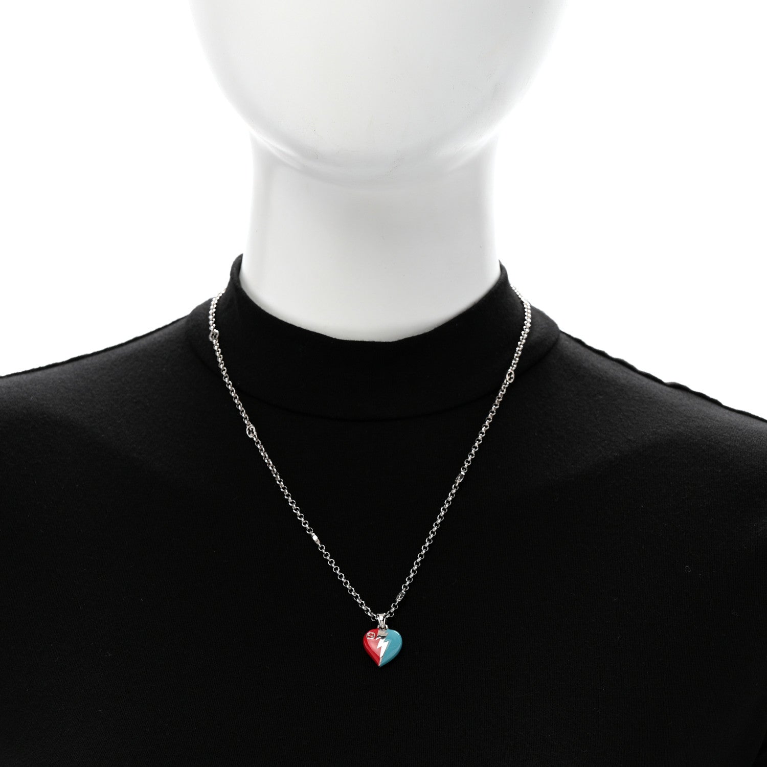 Gucci Metal Enamel Interlocking G Heart Lightning Charm Necklace Red Blue 2 of 7