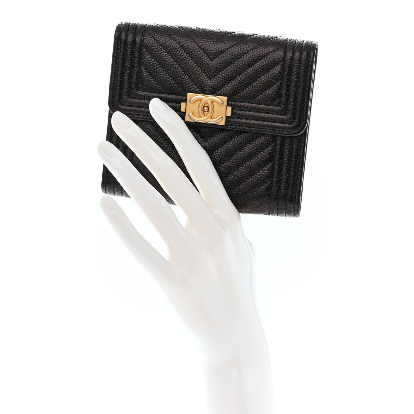 Caviar Chevron Quilted Boy Compact Wallet Black