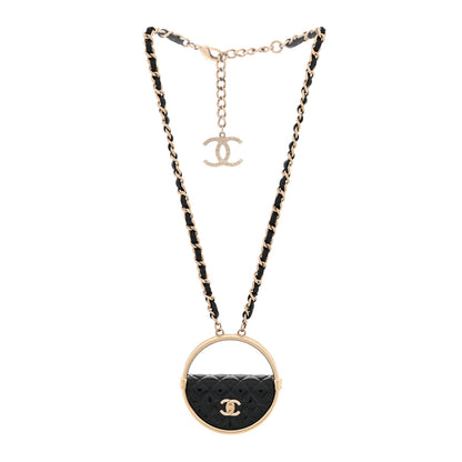 Chanel Metal Resin Quilted Flap Bag Hoop Mirror Necklace Black Gold 3 of 5