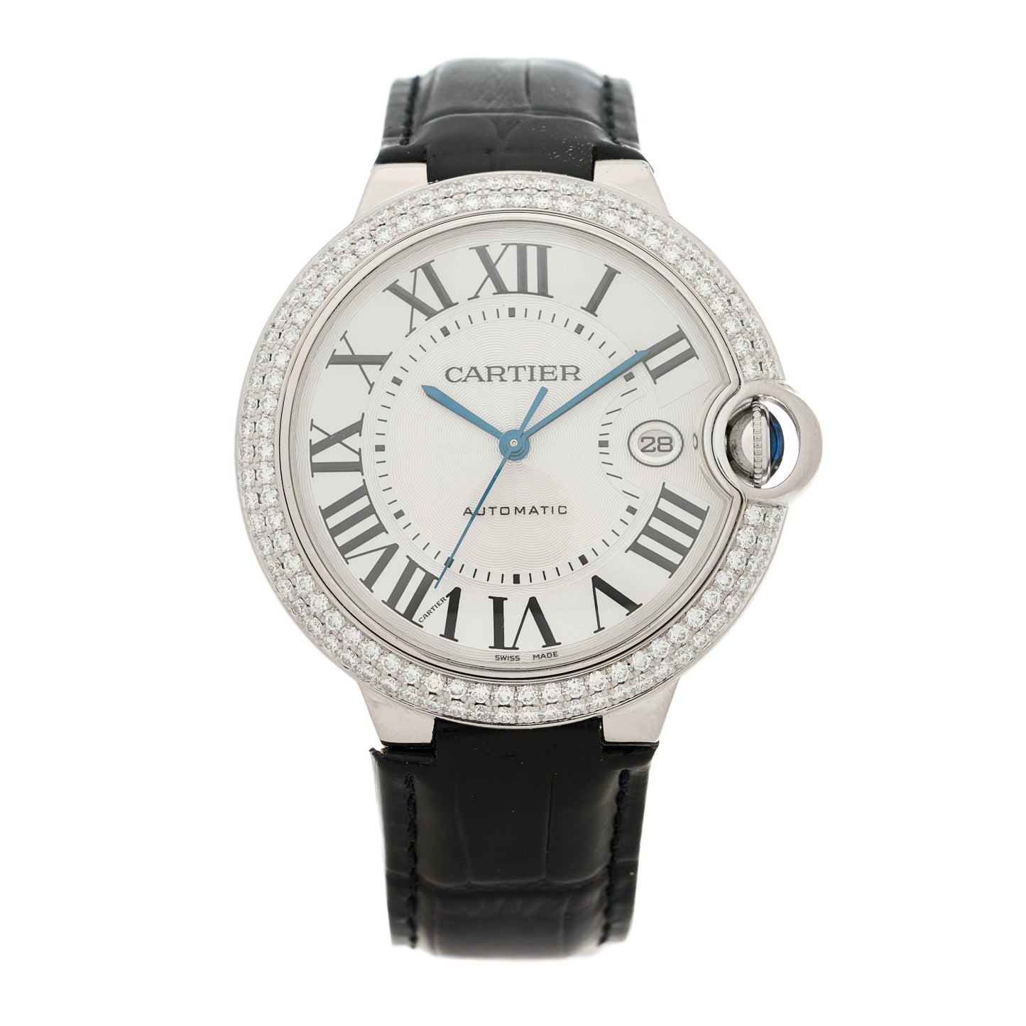 18K White Gold Alligator Diamond Pave Bezel 42mm Ballon Bleu De Cartier Automatic Watch