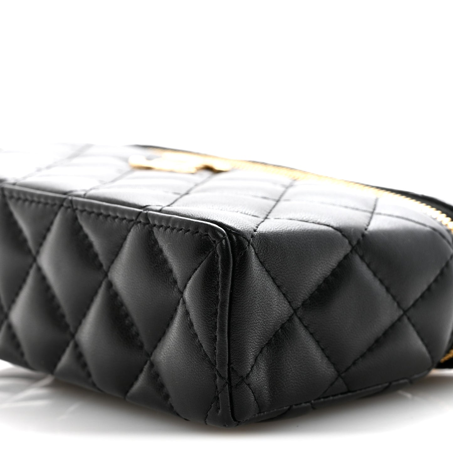 Lambskin Quilted Crystal Ridged CC Top Handle Slim Vanity Case With Chain Black