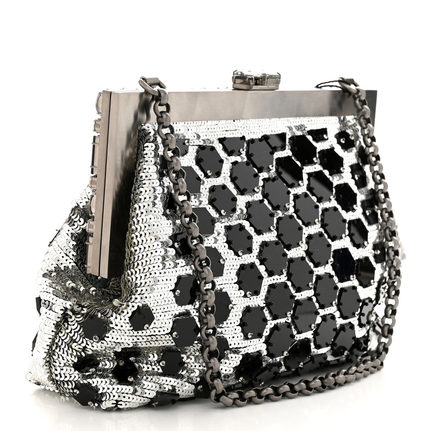 Satin Sequin Crystal Embellished Vanda Circles Chain Clutch Black
