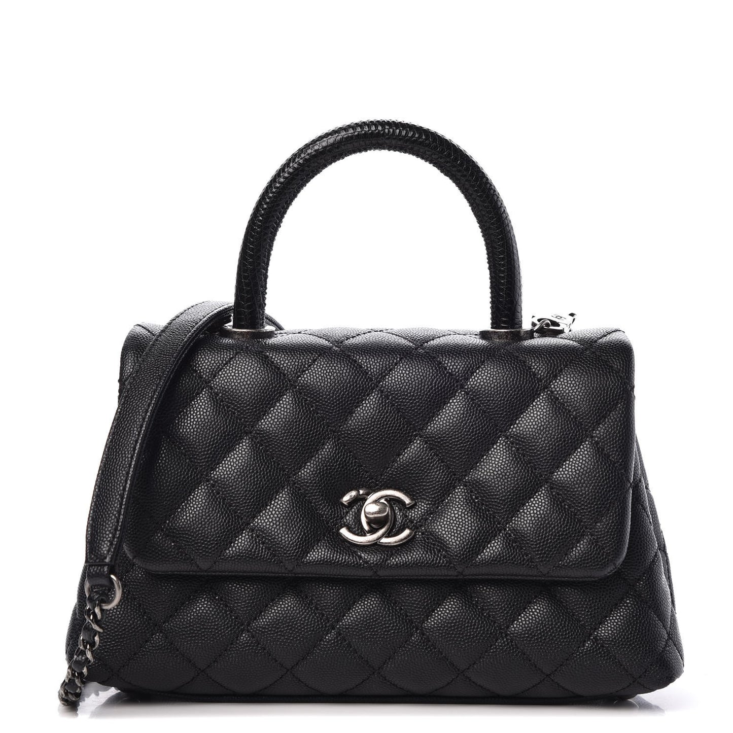 Caviar Lizard Quilted Mini Coco Handle Flap Black