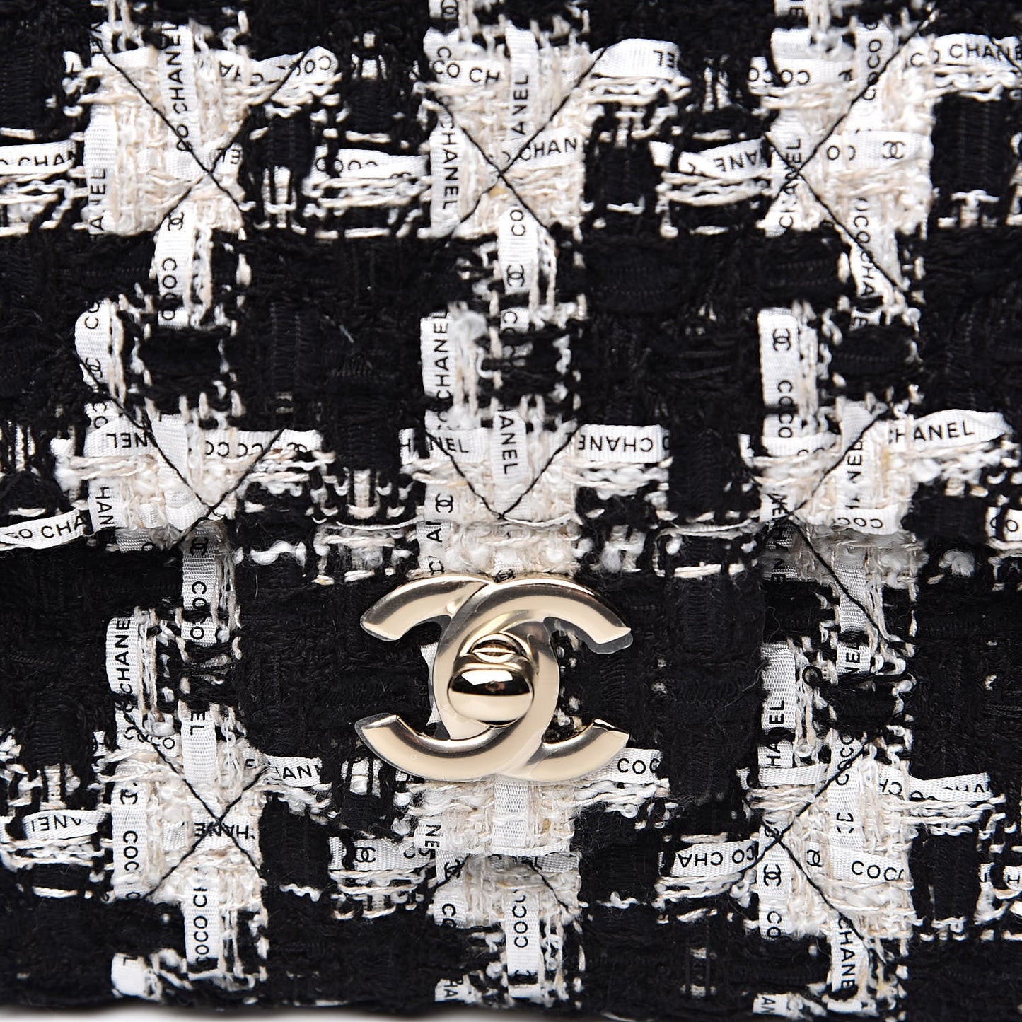 Tweed Quilted Medium Double Flap Black Ecru White