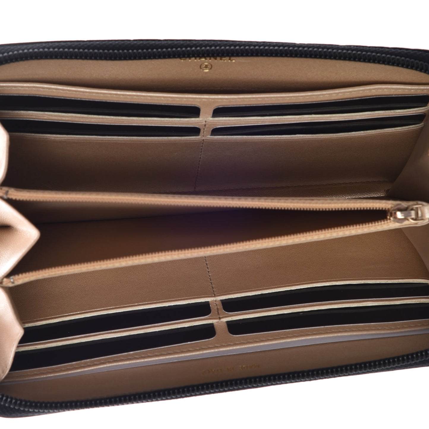 Lambskin Camellia Embossed Large Zip Around Gusset Wallet Black
