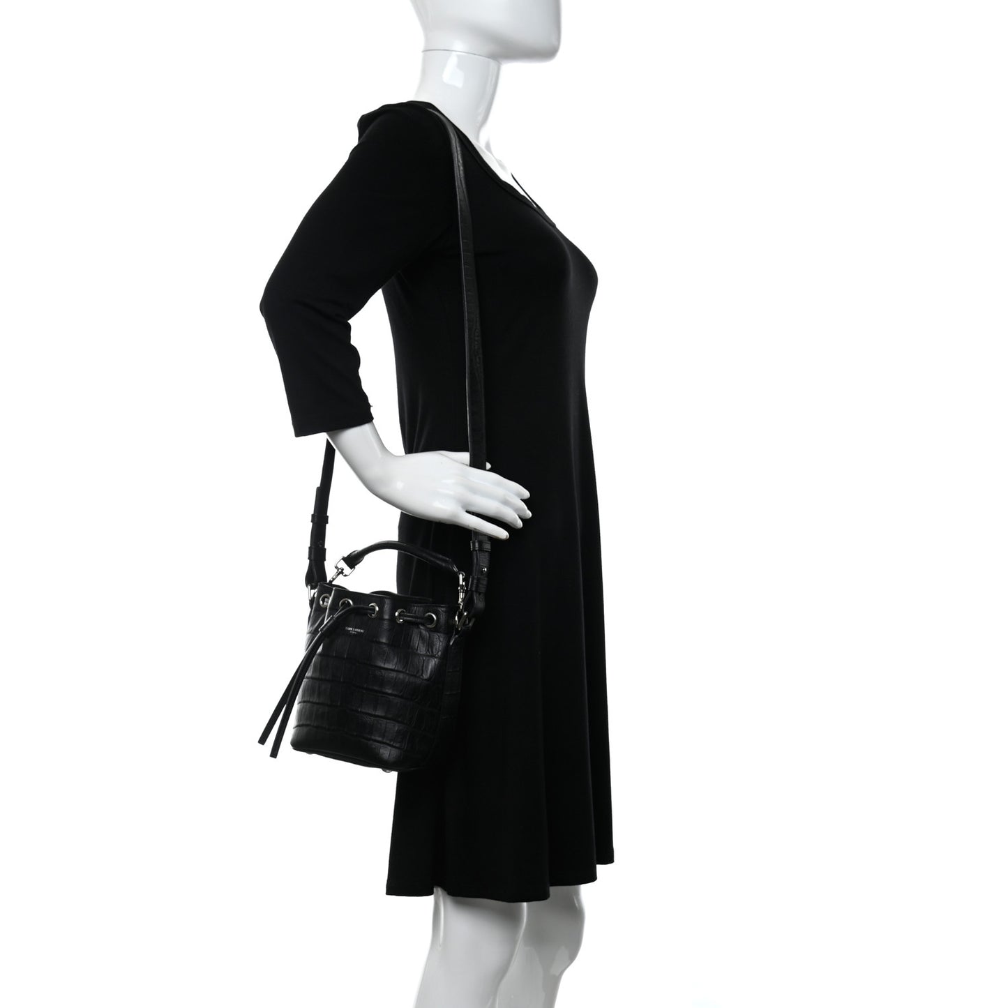 Calfskin Crocodile Embossed Small Emmanuelle Bucket Bag Black